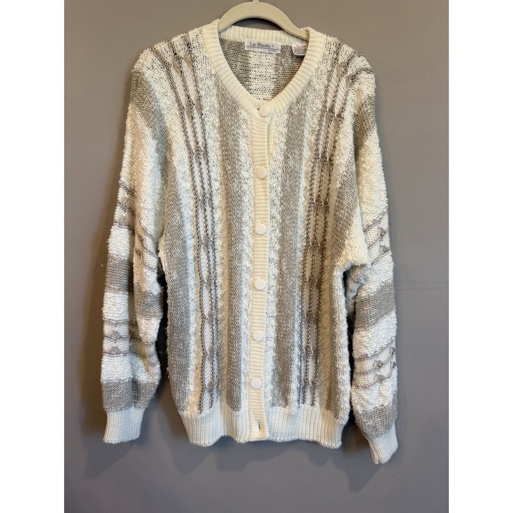 Vintage LeModa 3D Cardigan Sweater Large Beige Ivory Grandpa